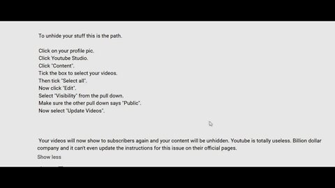 Unhide your Youtube channel & videos. (Pause To Read Instructions)
