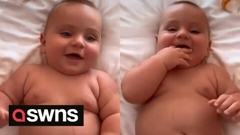 This 1-year-old is so large for his age that he has to wear ADULT NAPPIES