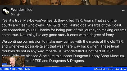 Wonderfilled Makes Announcement re: TSR on Facebook