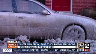 Street frozen, cars trapped in ice after water main break in Fells Point