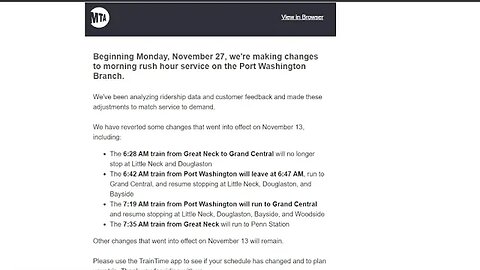 LIRR Restores Grand Central Madison Trains On The Port Washington Branch Effective November 27th