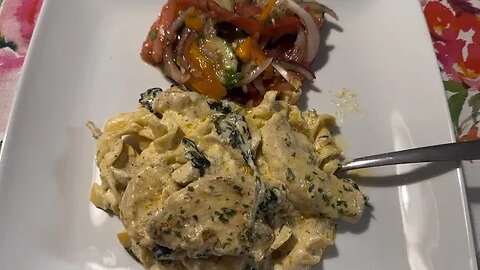 Chicken & Spinach Alfredo with Egg Noodles with Marinated Vegetable Salad