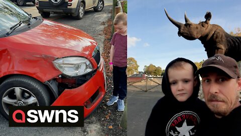Dad and son have told how their car was ruined after charged by angry RHINO