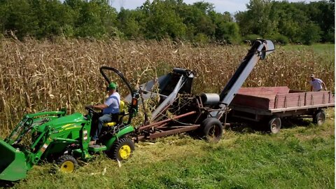 2 Row New Idea Corn Picker, John Deere 1025R. Hobby Farmer's First Crop