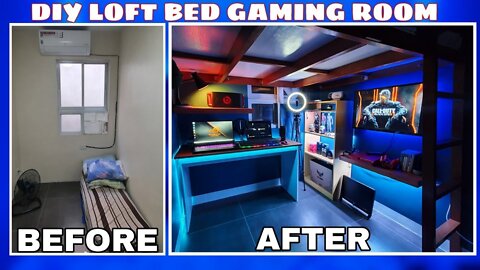 DIY LOFT BED | BUDGET GAMING ROOM SETUP | Small Bedroom makeover Gaming Area - LED Lighting