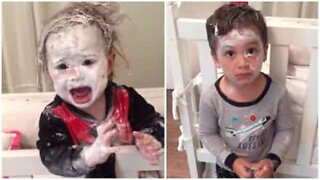 Two youngsters face off with their mum after making a mess with a pot of ointment