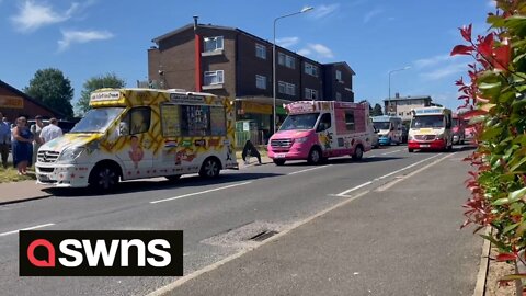 Convoy of vans take part in a funeral procession for much-loved ice cream man