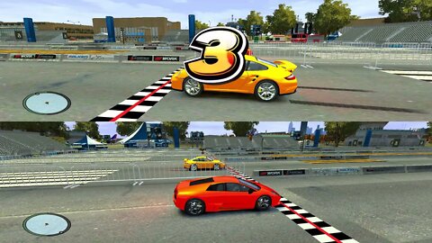 GTA 4 - Splitscreen Multiplayer - Drag Races with Crashes [Lamborghini VS Porsche]