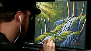 Acrylic Landscape Painting of a Forest Waterfall & White Wolf - Time-lapse - Artist Timothy Stanford