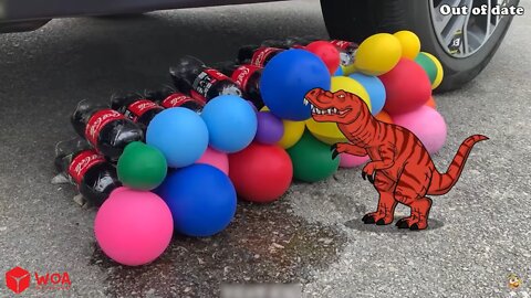 spongebob trying to help t-rex, the tires of the car will run over the cola and the balloons