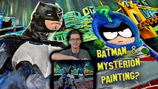 Batman meets South Park. Acrylic painting of Batman and Mysterion with a vibrant cityscape. On eBay