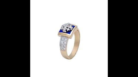 14K Gold Square Christian Ring with 29 Diamonds and Blue Enamel