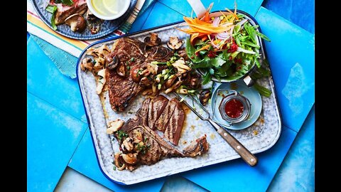 T-bone steaks with asian-style mushrooms