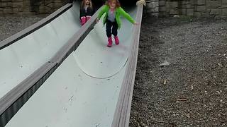 Girl Goes Down Dry Slide But Then Falls Climbing Out