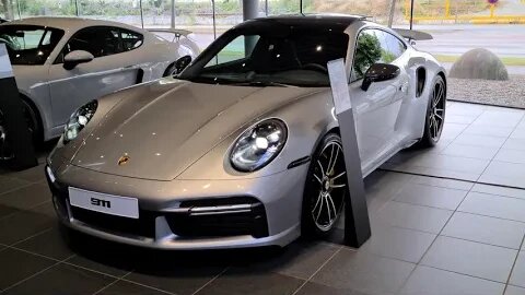 [8k] MORE of GT Silver Porsche 992 Turbo S with Carbon Mirror Housings at Porsche Center Stockholm