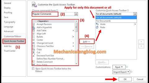 Quick Access Toolbar Customize of Microsoft Office Word