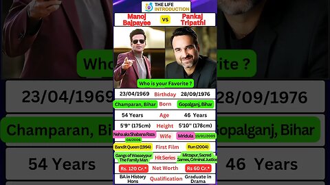 🤔 Biography Manoj Bajpayee & Pankaj Tripathi 🙆Age, Height, Hit Series, Edu, Net Worth, Wife #shorts