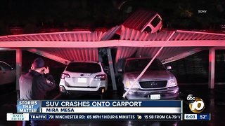 SUV crash lands on carport