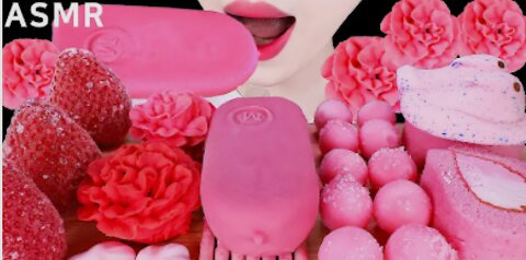 ASMR PINK ICE CREAM, MAGNUM, COOKIE, CAKE, MARSHMALLOW, FROZEN FRUITS EATING SOUNDS MUKBANG