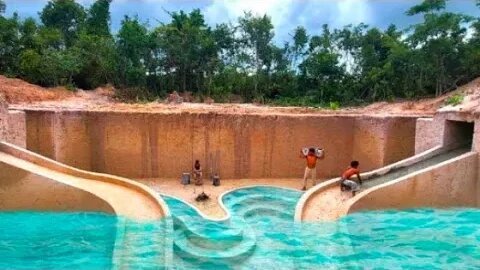 Summer Living 185Days in Underground House Building Water Slide into Giant Swimming Pool.