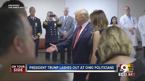 Trump visits shooting victims, then lashes out at Ohio politicians