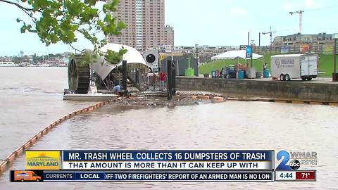 Mr. Trash Wheel collects 16 dumpsters worth of garbage during heavy rain