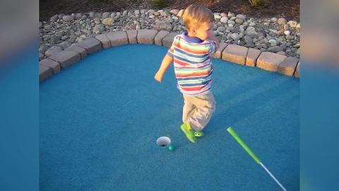 Tot Boy Fails To Hit A Golf Ball And Gets Frustrated