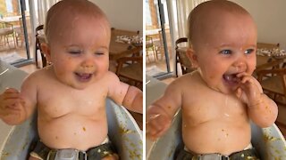 Messy Baby Adorably Gets Mini Bath After Meal Time