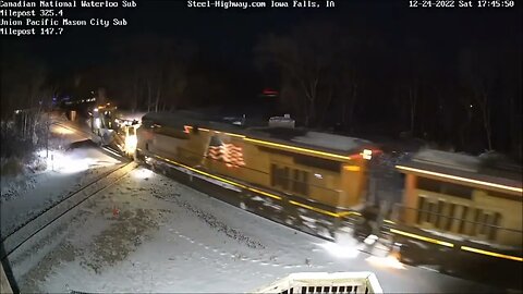 NB Union Pacific Snowplow at Mills Tower in Iowa Falls, IA on December 24, 2022