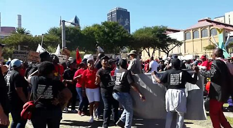 Protesters at Saftu march mock President Ramaphosa (HSi)