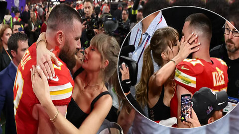 Taylor Swift and Travis Kelce kiss after Kansas City Chiefs’ Super Bowl 2024 win