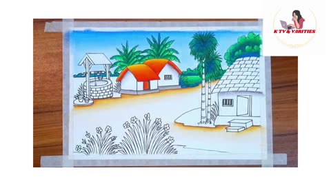 How to draw a landscape villages scenery with tree houses water-well cow etc.