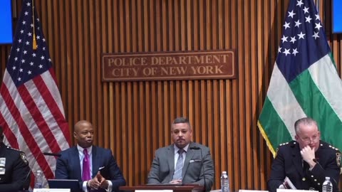 Mayor of NY Eric Adams Speaks During a briefing with Police Brass on Crime Statistics for March
