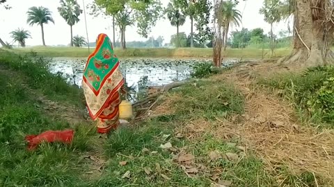 Woman Hook fishing in village pond