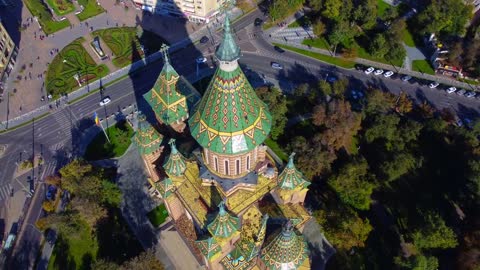 Aerial fly over magnificent Orthodox Metropolitan Cathedral in Timisoara,