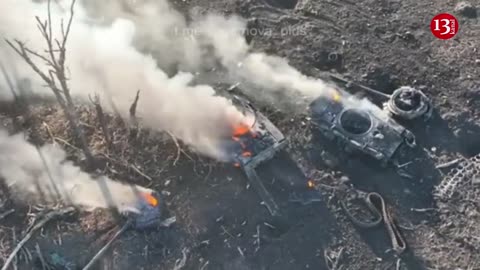 Condition of advancing T-80BV and T-72B3 Russian tanks after missile strike