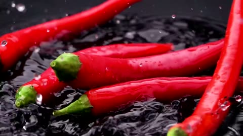 Red chili pepper falling into black water