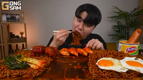 ASMR MUKBANG | Fried Chicken, black bean noodles, kimchi, sausage korean eating sound!