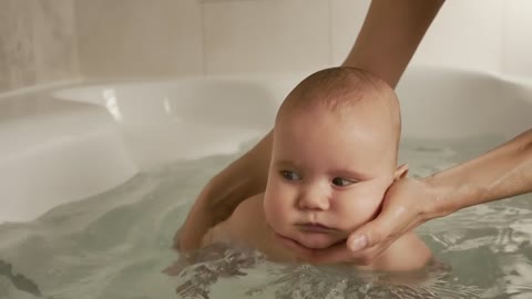 Person puts a baby in the bathtub