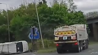 OUT OF CONTROL Watch as van swerves in front of massive truck before flipping onto its roof