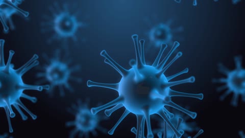 Virus Cells, Viruses, Virus Cells Under Microscope, Floating In Fluid With Blue Background