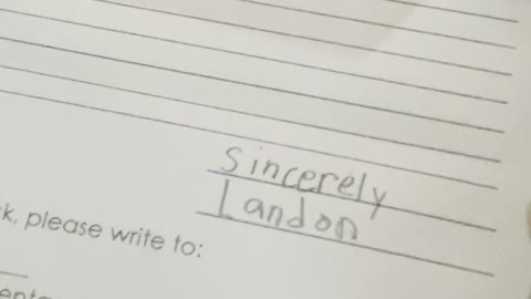 Landon's school letter to Eystreem Fan Mail!