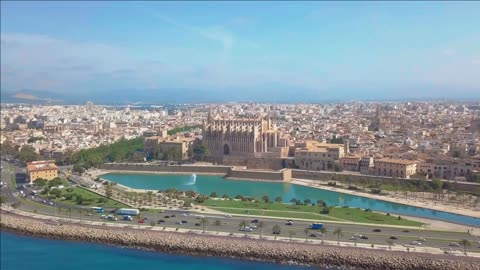 aerial view of the promenade and the cathedral of palma de mallorca in majorca