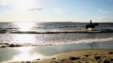 Woman riding on horse at river beach in water sunset light