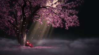 Romantic portrait of a person sitting under a pink flowers tree