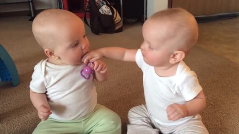 Twin baby girls fight over pacifier