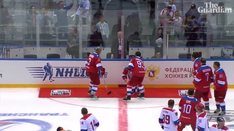 Vladimir Putin scores eight goals in ice hockey match then falls over on victory lap