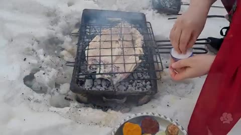 Fish Kebab Recipes | We grilled trout in snowy weather | Village Fish Kebab
