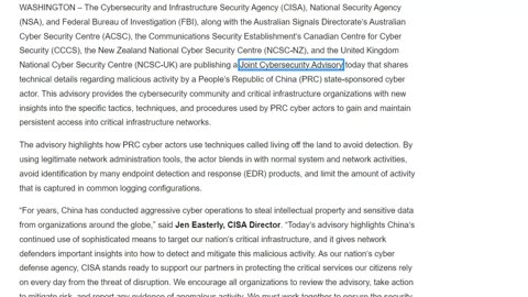 URGENT: U.S., International Partners Release Advisory Warning of PRC State-Sponsored Cyber Activity