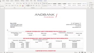 Andorra Andbank banking statement template in Word and PDF format, good for address prove